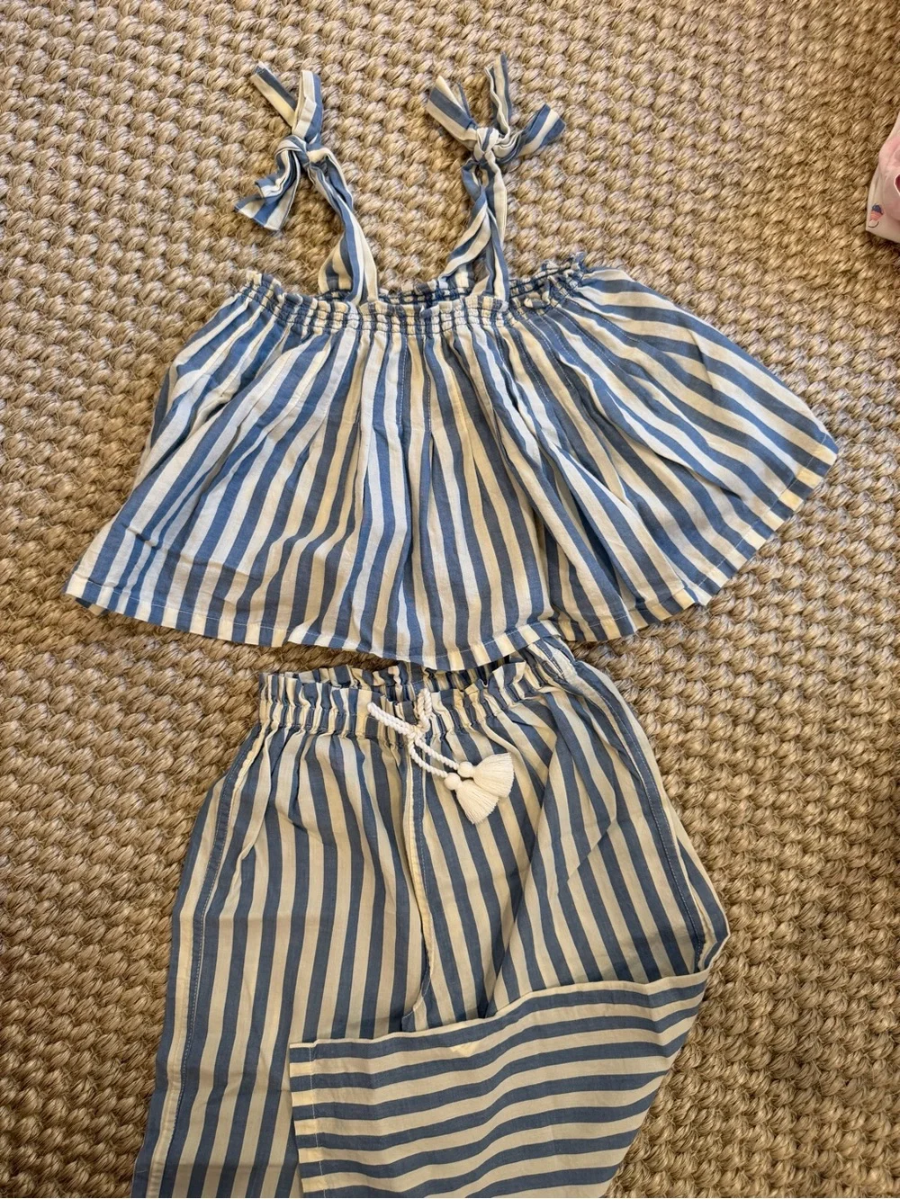 Striped Blue & White Girls Set - Tie-Shoulder Top & Drawstring Pants